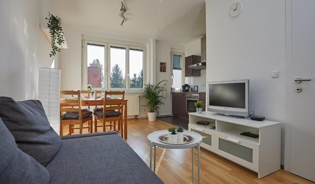ein Wohnzimmer mit einem Sofa und einem Tisch mit einem TV in der Unterkunft Gemütliches Apartment in zentraler Lage in Graz