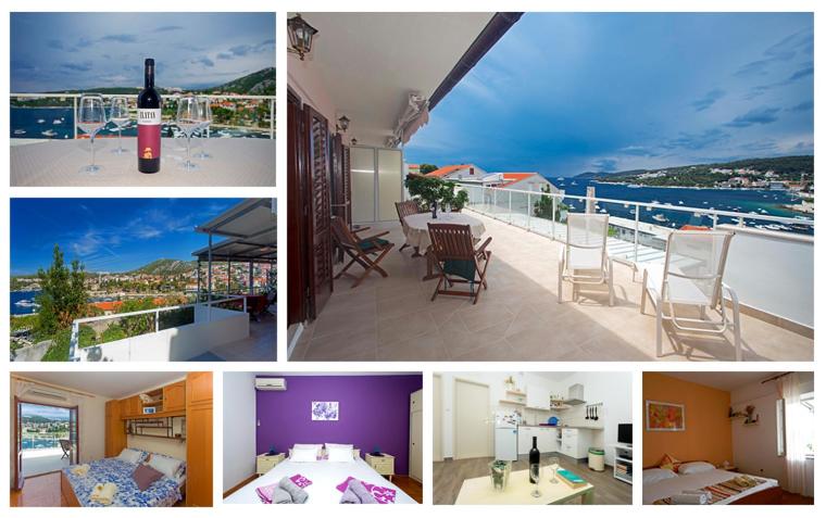 a collage of photos of a house with a bottle of wine at SeaView Guesthouse in Hvar