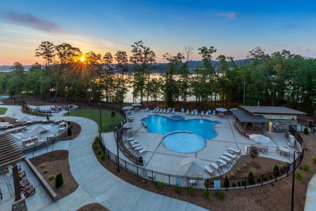 an aerial view of a swimming pool at a resort at Lakeside Lodge Clemson in Clemson