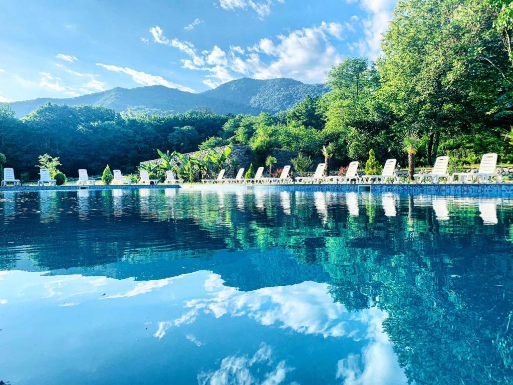 uma piscina de água azul com cadeiras e árvores em Royal Palace Hotel, Lagodekhi em Lagodekhi