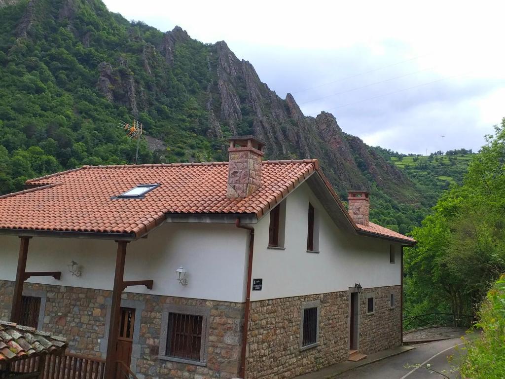 une maison avec une montagne en arrière-plan dans l'établissement CASA FELISA, à Pola de Somiedo