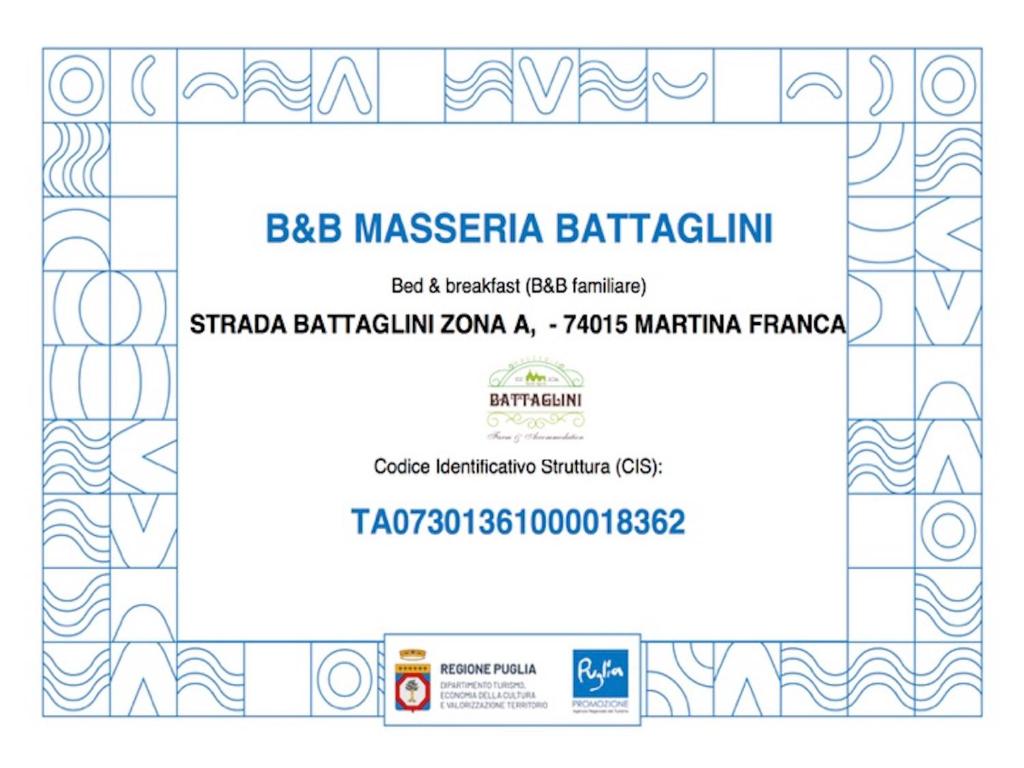 Certifikát, hodnocení, plakát nebo jiný dokument vystavený v ubytování Masseria Battaglini