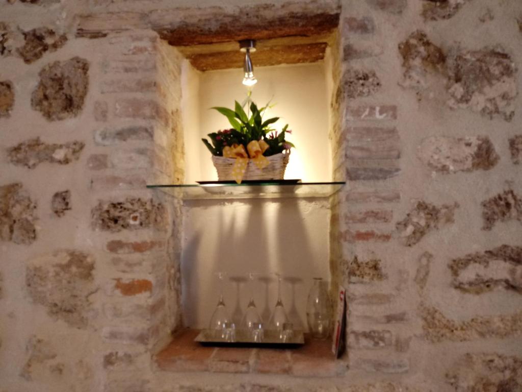 a shelf in a stone wall with glasses and a potted plant at Casa per la Costa in Colle Val D'Elsa