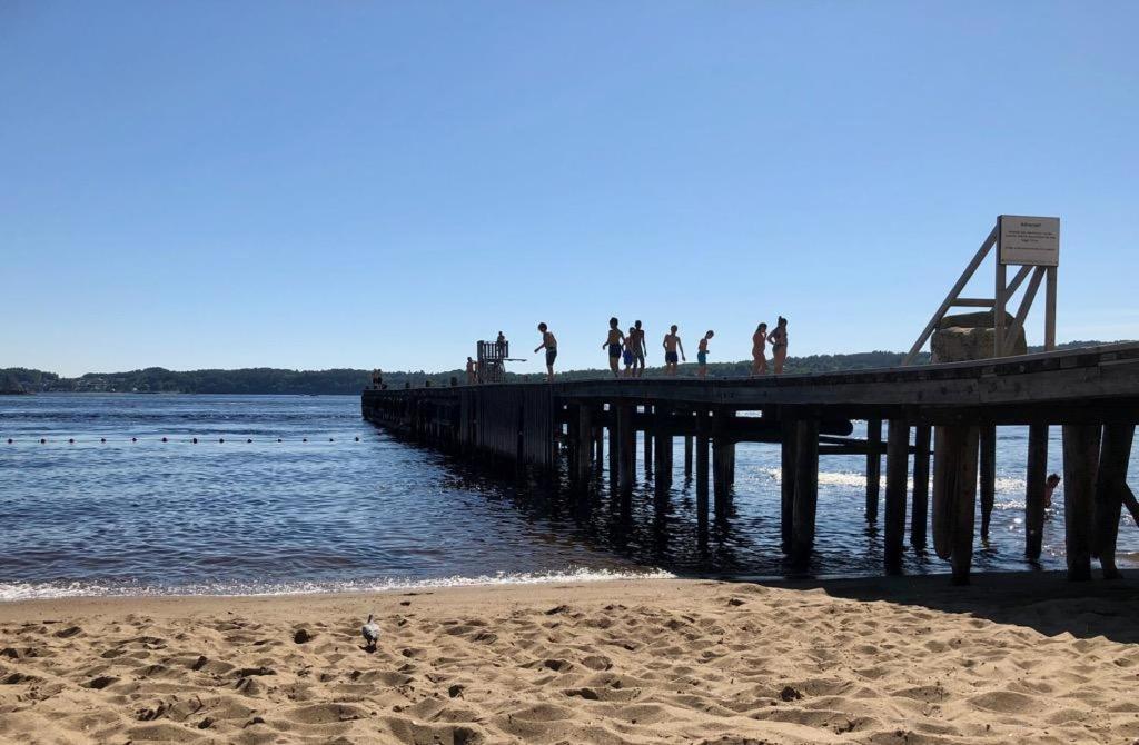 a group of people walking on a pier near the beach at Sjønær leilighet med gangavstand til strand i Larvik in Larvik
