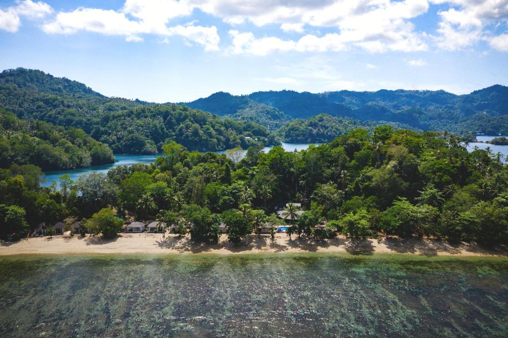 an aerial view of a river and trees at White Sands Beach Resort Lembeh in Bitung