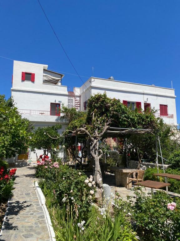 ein Gebäude mit einem Garten vor einem Gebäude in der Unterkunft Anna Studios in Katápola