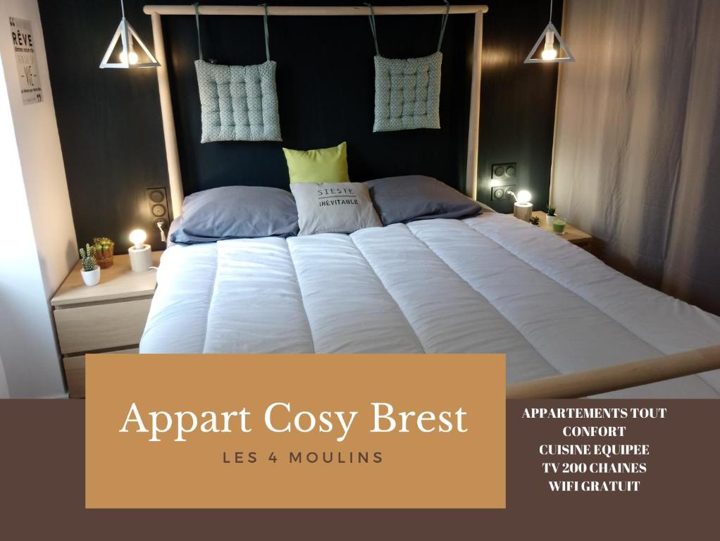 an apartment cozy bedroom with a large bed with pillows at Appart Cosy Brest (Les 4 moulins) in Brest