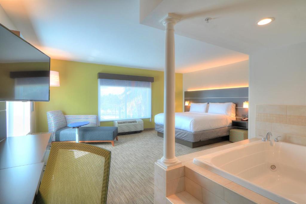 a hotel room with a bed and a bath tub at Holiday Inn Express Hotel & Suites Mobile Saraland by IHG in Saraland