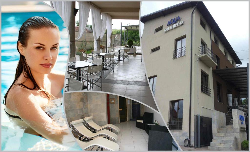 a woman in a swimming pool next to a hotel at Hotel Aqua Thermal Spa in Baile Felix