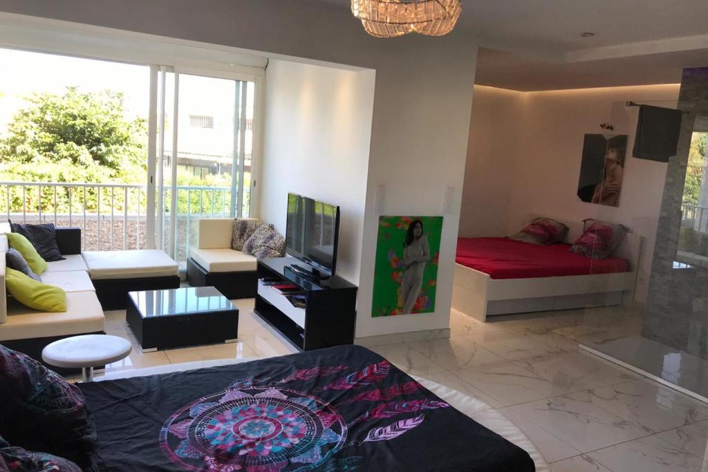 un salon avec un lit et un canapé dans l'établissement Naturiste Cap d'Agde Natura Beach 111, au Cap d'Agde