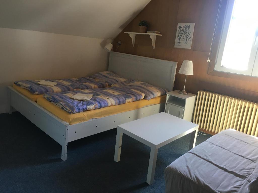 a small bedroom with a bed and a table at Turistická Chata Pláně in Český Dub