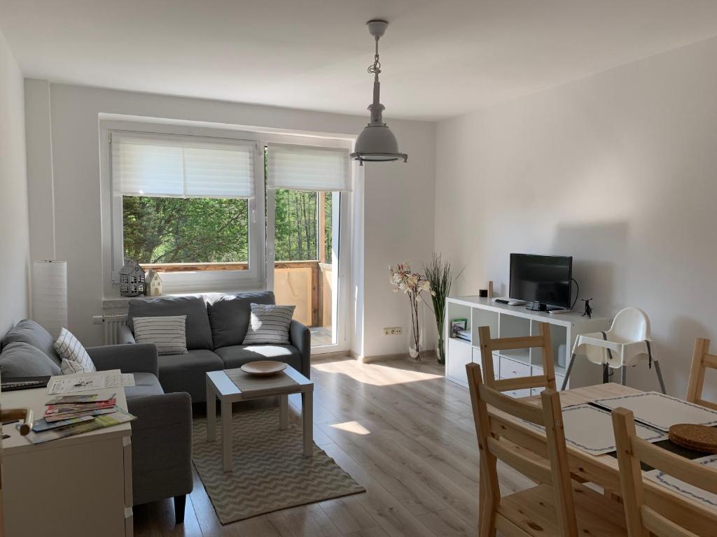 ein Wohnzimmer mit einem Sofa und einem Tisch in der Unterkunft Moderne Ferienwohnung für 5 Gäste in Oberwiesenthal in Kurort Oberwiesenthal