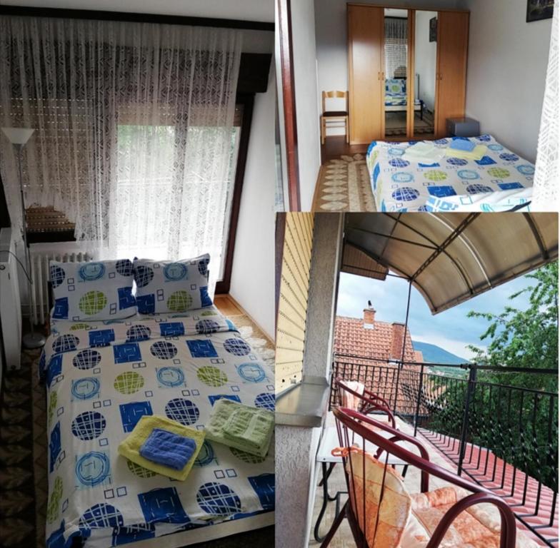 3 fotos de un dormitorio con cama y balcón en Đokić apartmani, en Soko Banja