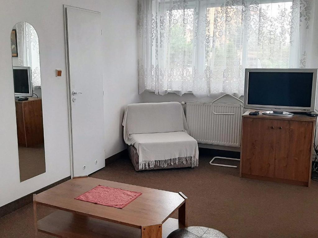a living room with a television and a chair at Penzion Bezděkov in Rakovník