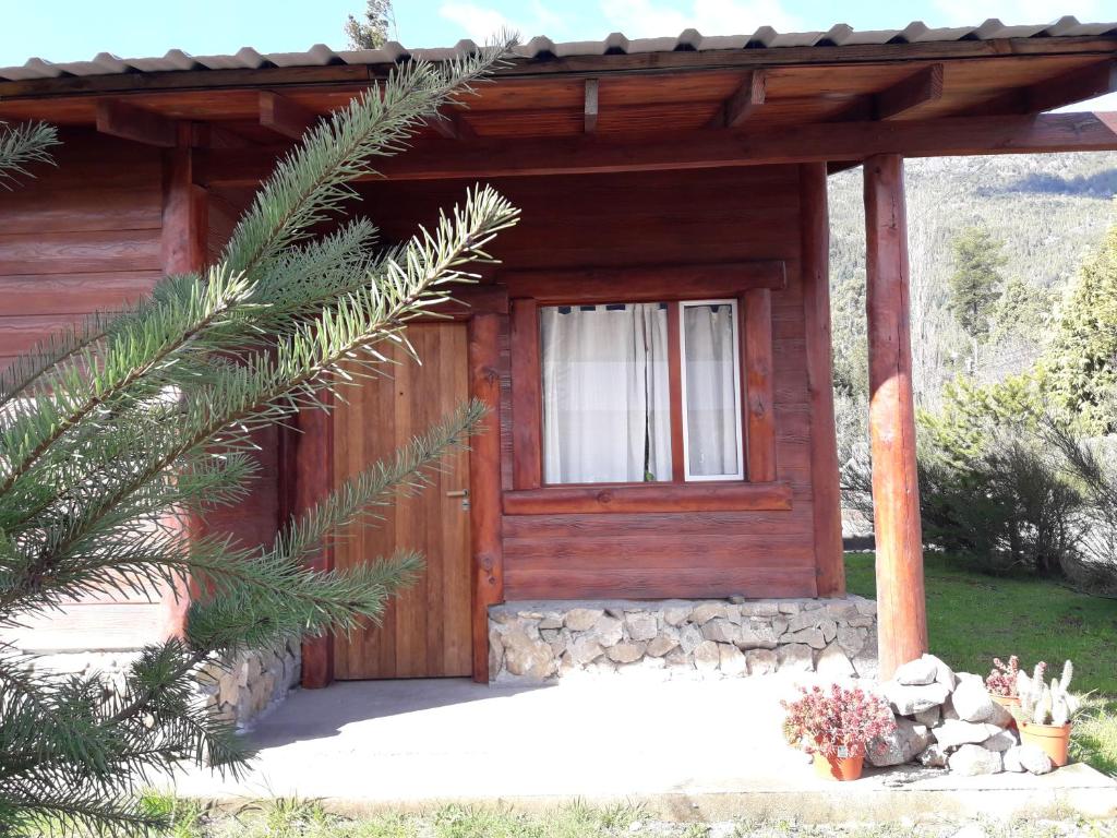 Cabaña pequeña con puerta de madera y árbol en El Jarillal Chalet de Montaña a pasos del lago en Lago Puelo