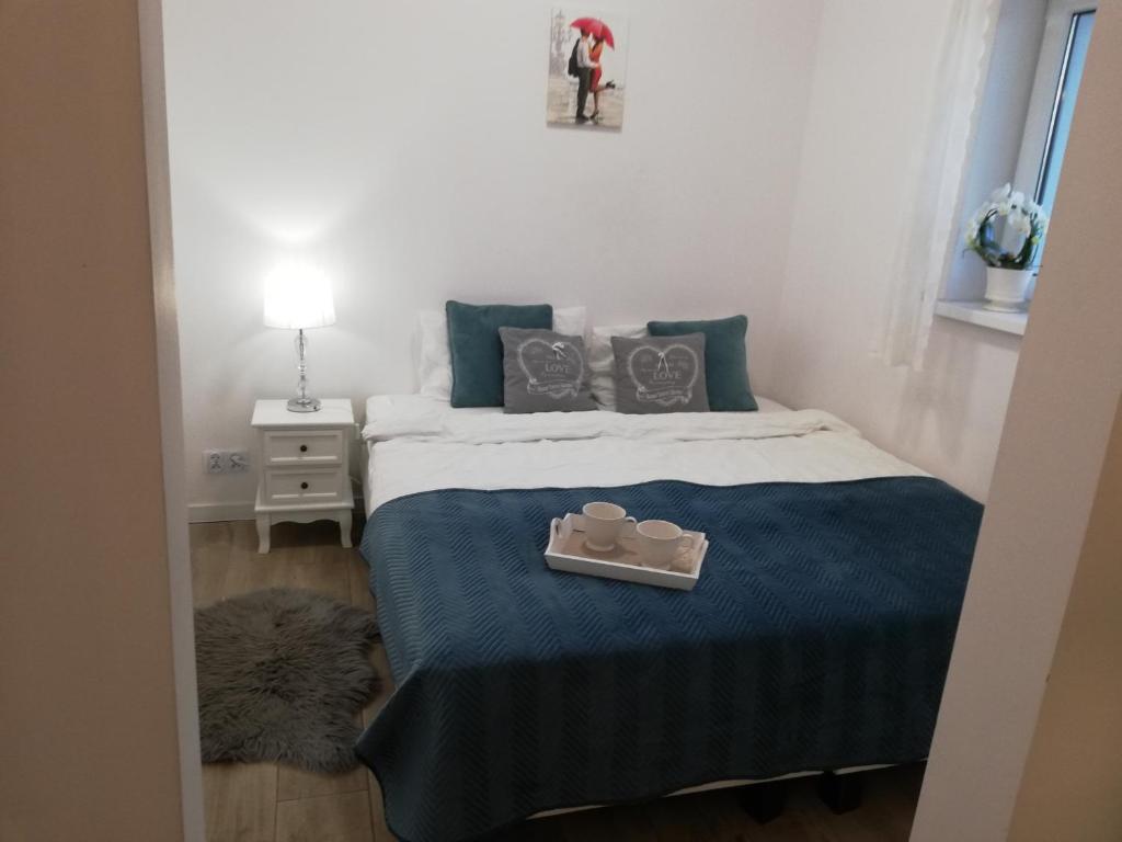 Ένα ή περισσότερα κρεβάτια σε δωμάτιο στο Leśny Apartament II