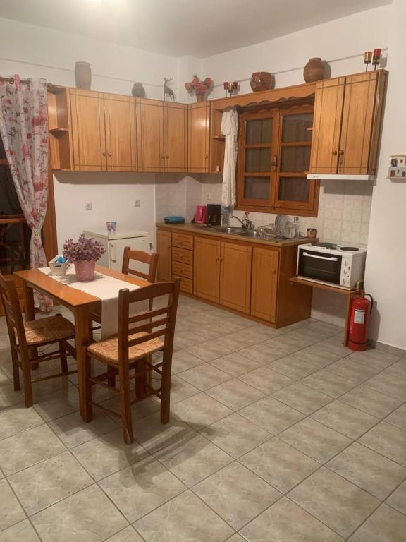 a kitchen with wooden cabinets and a table with chairs at ΑΡΜΟΝΙΑ ΣΤΟΥΝΤΙΟ in Gialiskari