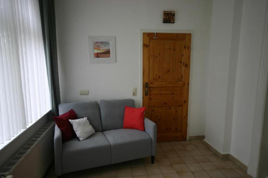 a living room with a gray couch with red pillows at Haus zur Eiche 1 in Dahme