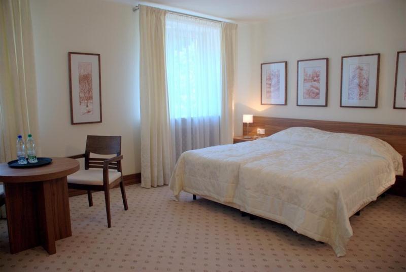 Hotel Termy Pałacowe في ناووتشوف: غرفة نوم بسرير وطاولة وكرسي
