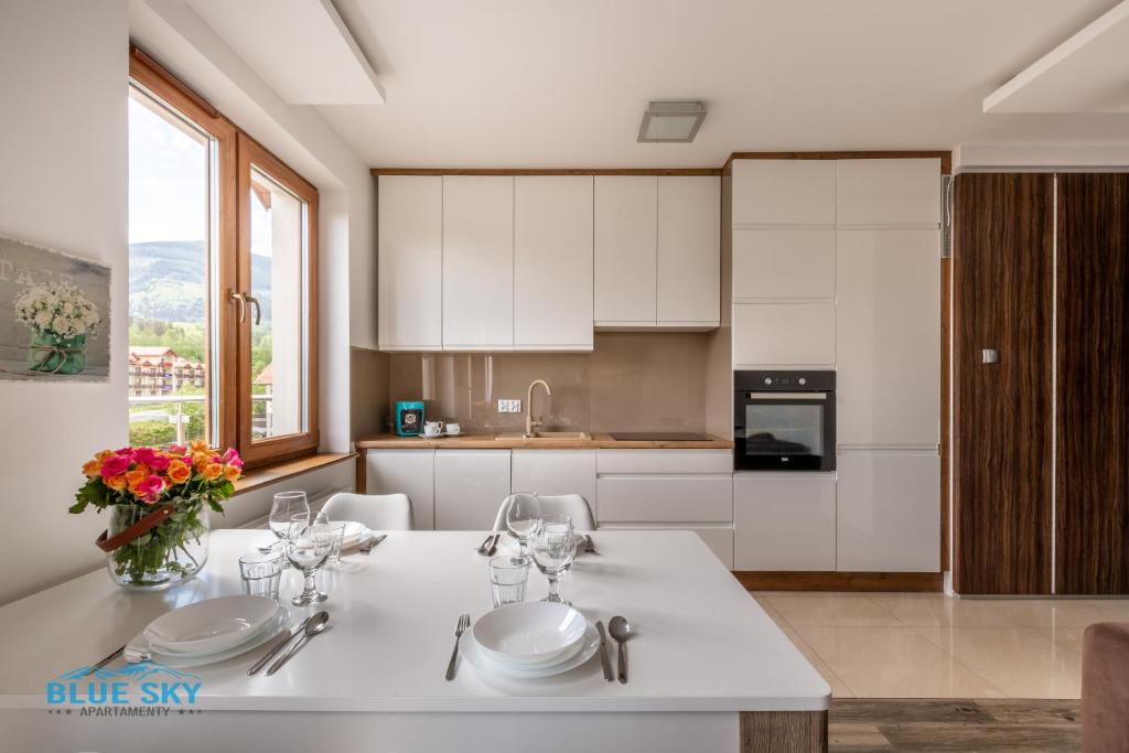 Kuchyň nebo kuchyňský kout v ubytování Apartamenty BlueSky - Ogrodnicza 7 i 9 - z widokiem na góry, w zielonej okolicy, blisko centrum i atrakcji Karpacza