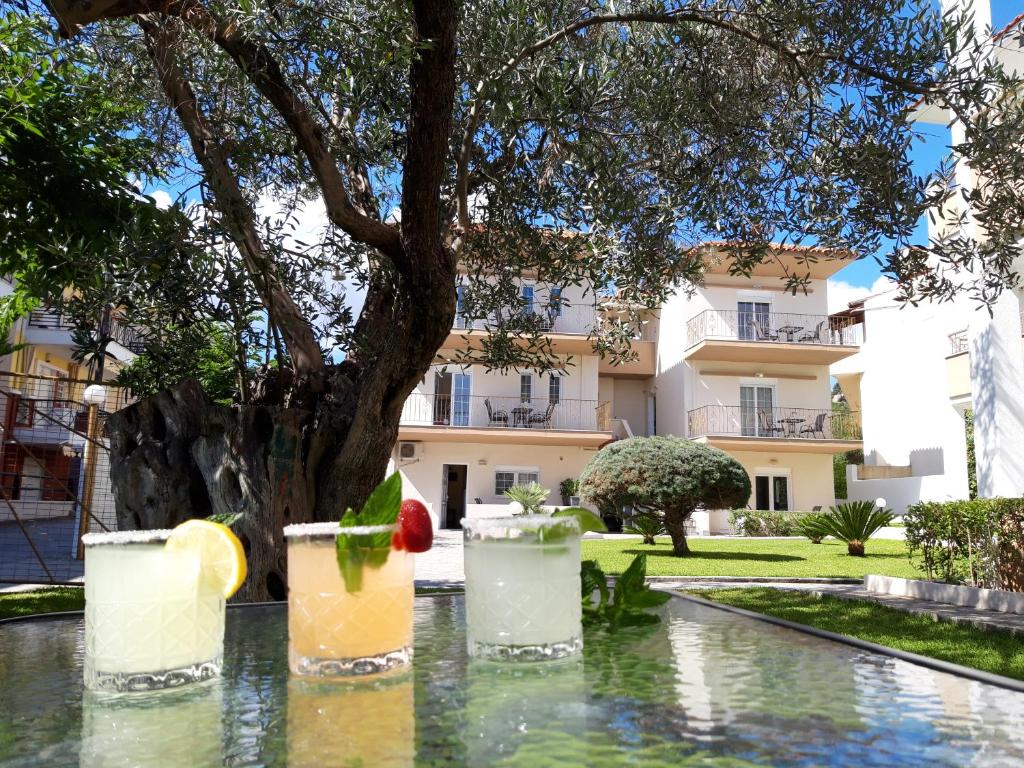 una piscina de agua con tres cócteles delante de un árbol en Villa Magda Maria en Pefkohori