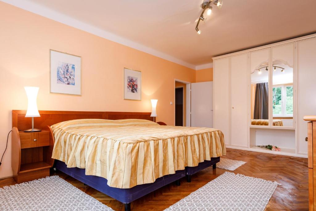 a bedroom with a large bed and two rugs at Apartments TGM 11 in Karlovy Vary