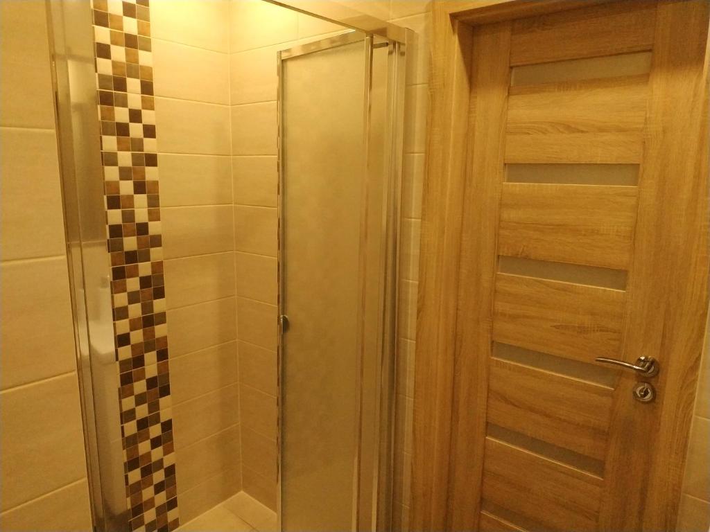 W łazience znajduje się prysznic ze szklanymi drzwiami. w obiekcie Apartmán Tereza w mieście Kraslice