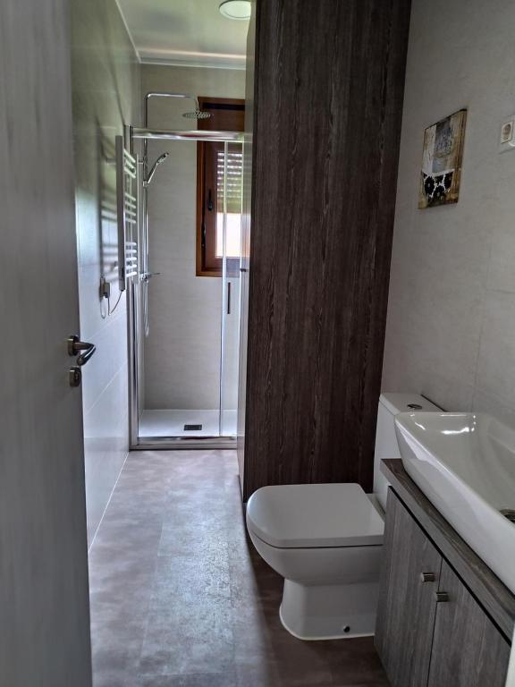 łazienka z prysznicem, toaletą i umywalką w obiekcie Apartamentos El Prau w mieście Ubiarco