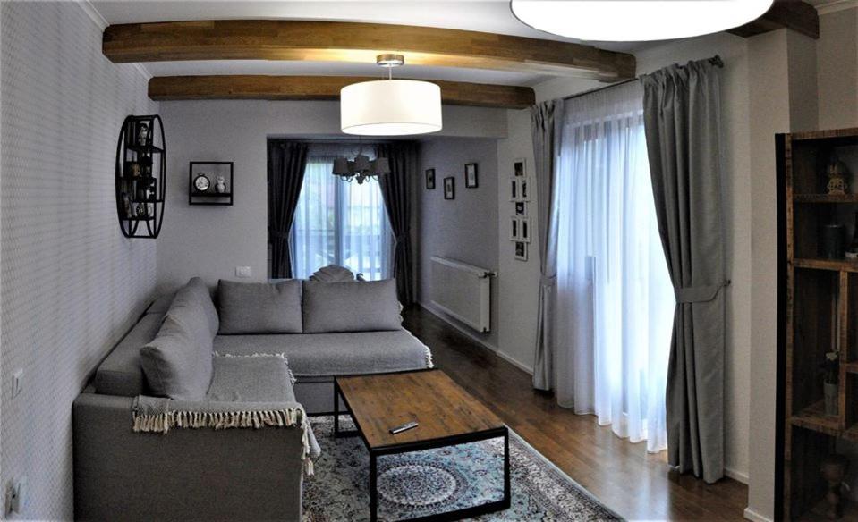 een woonkamer met een bank en een tafel bij Black Valley House in Gura Humorului