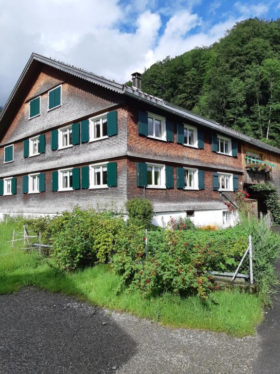 een huis met groene luiken op een heuvel bij Haus Annelies in Bizau