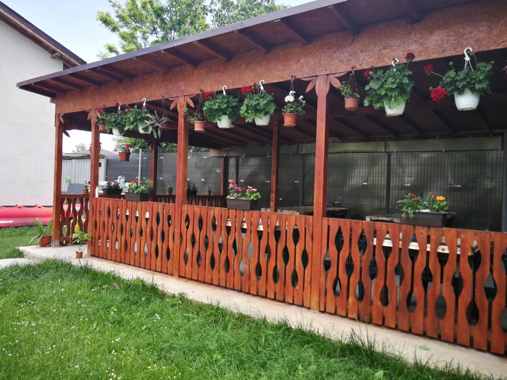 eine hölzerne Pergola mit Topfpflanzen darauf in der Unterkunft Vila Baciu in Tuzla