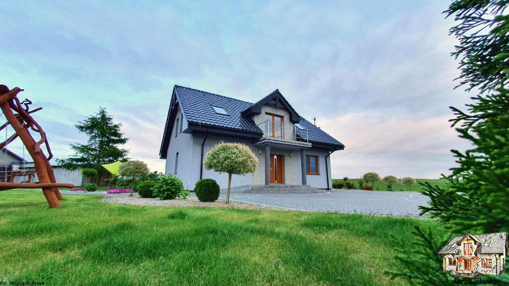 mały biały dom z czarnym dachem w obiekcie Agrosielanka w mieście Lipnica