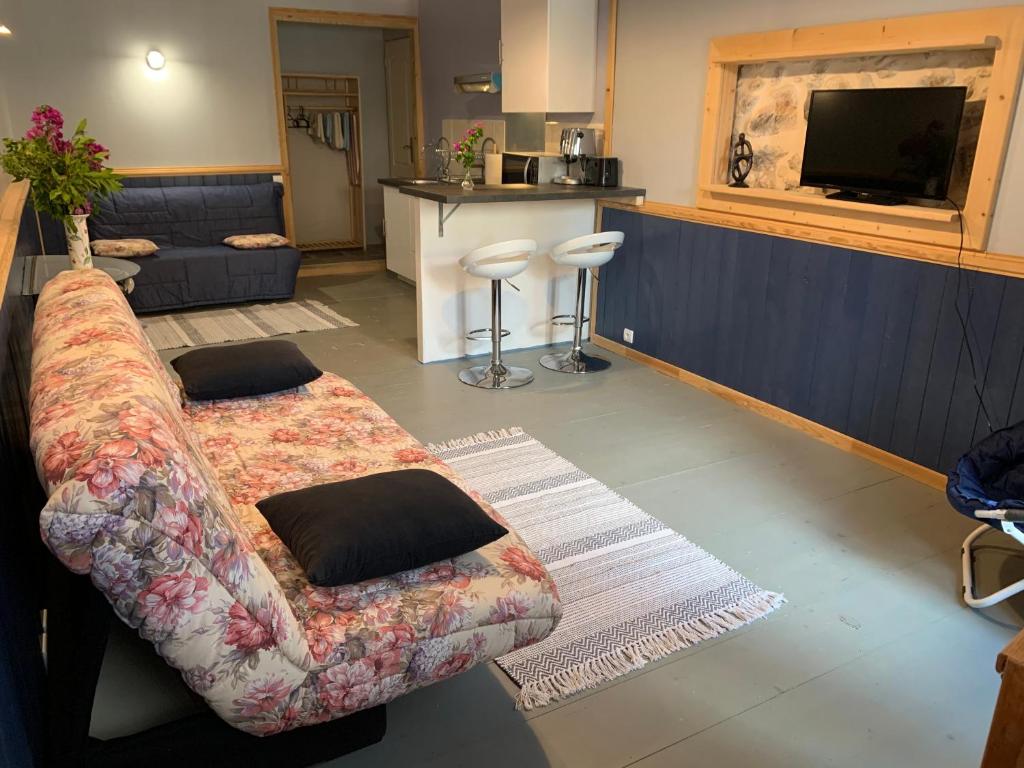 a living room with a couch and a tv at Studio indépendant tout confort pour 4 personnes 25 m carrés in Lapalme