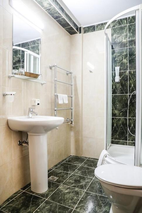 uma casa de banho com um lavatório, um WC e um chuveiro em Hotel Pami em Cluj-Napoca