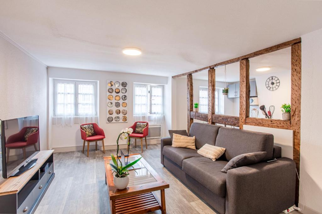 uma sala de estar com um sofá e uma televisão em #CMI - CENTRE HISTORIQUE - Wifi - Tout confort em Colmar