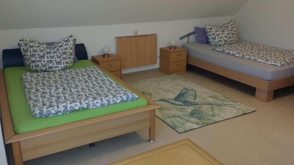 1 dormitorio con 2 camas, 1 cama y 1 alfombra en Ferienwohnung-Panoramablick en Gemünden an der Wohra