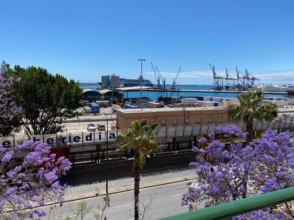 Blick auf eine Stadt mit lila Blumen in der Unterkunft Solymar Beach Premium in Málaga