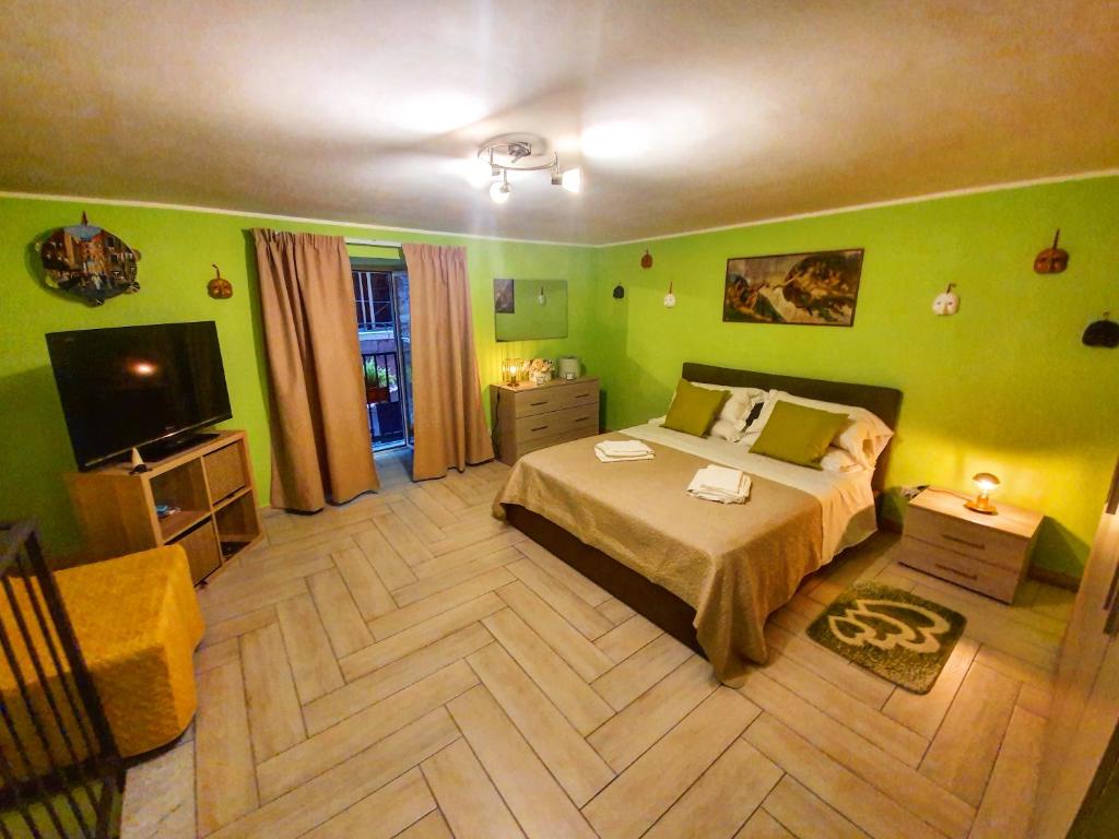 a bedroom with green walls and a bed and a television at Maison Zazà Naples in Naples