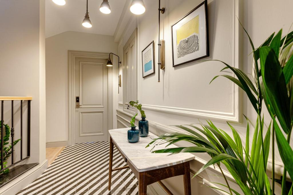 a hallway with a table and a potted plant at World House Boutique Hotel Galata in Istanbul