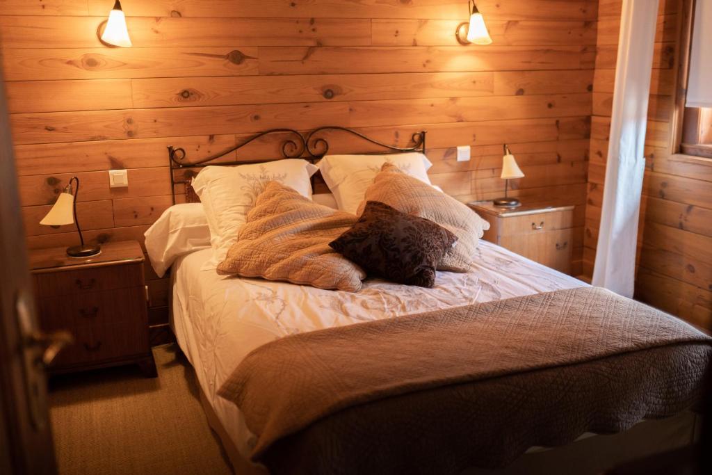 Schlafzimmer mit Holzwänden und einem Bett mit Kissen in der Unterkunft Maison Dietenbeck in Wissembourg