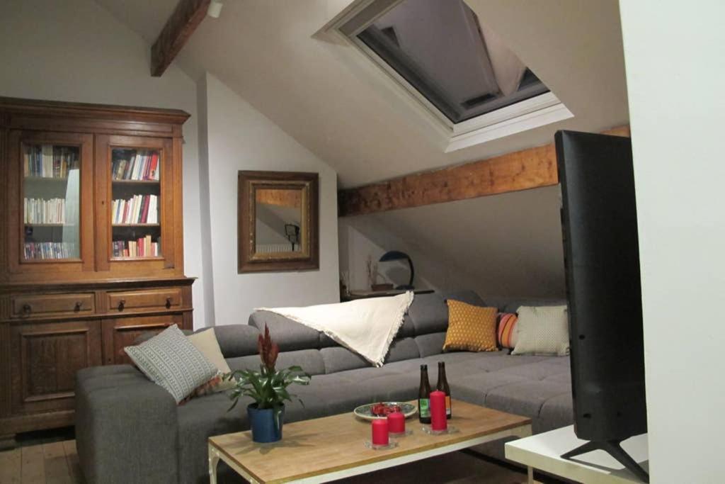 Una sala de estar con un sofá y un televisor. en Brussels Downtown, en Bruselas