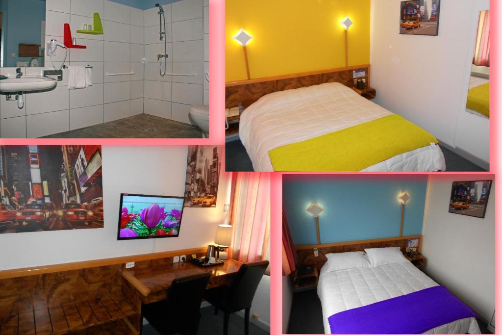 un collage de quatre photos d'une chambre d'hôtel dans l'établissement Arche Hotel, à Vierzon