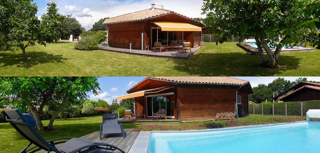 duas fotos de uma pequena casa e uma piscina em Superbe Maison Ossature Bois avec Piscine au Calme em Port-de-Lannes