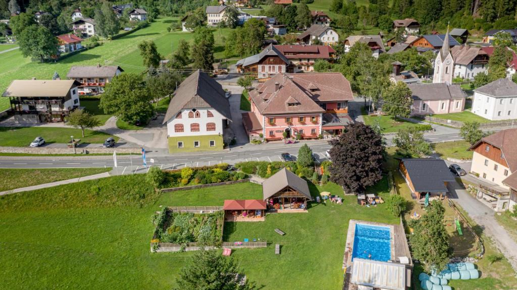 an aerial view of a small town with a house at Landhof Waidegger Wirt - Hotel, Restaurant, Bar in Waidegg