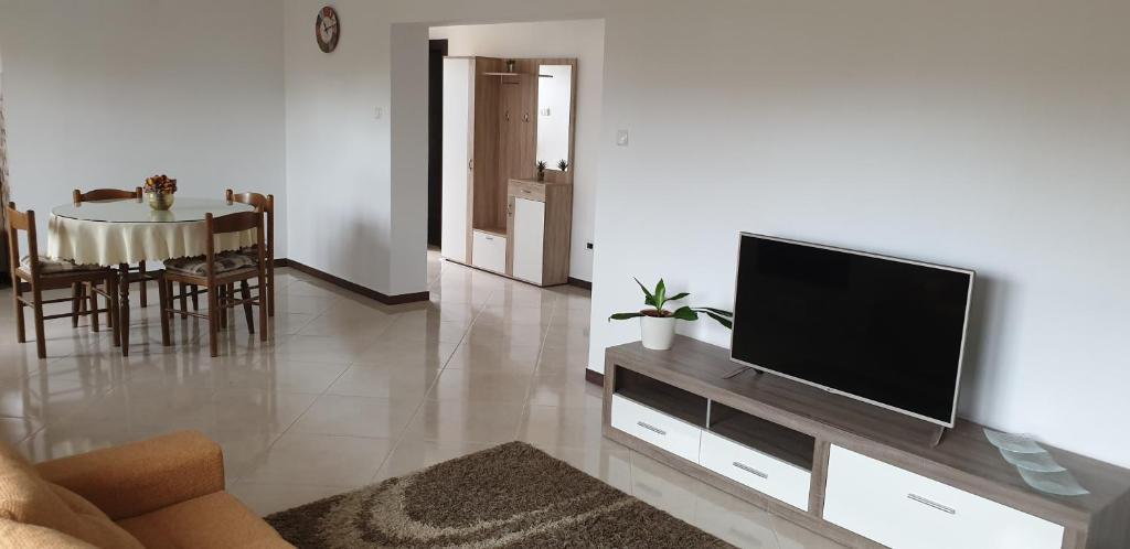 a living room with a flat screen tv on a entertainment center at Apartman Lena in Pula