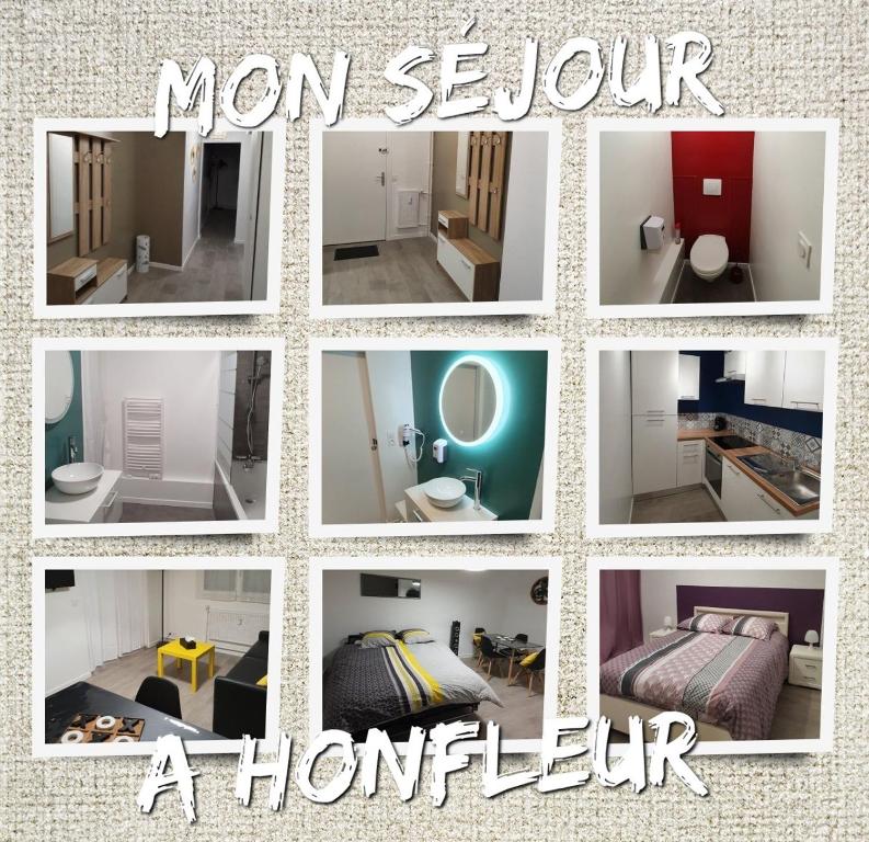 eine Collage mit Fotos von einem Schlafzimmer und einem Badezimmer in der Unterkunft G.Y.T.E'S in Honfleur