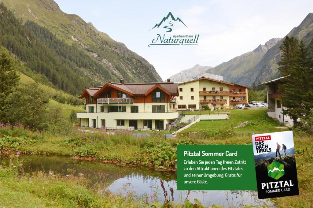 ein Hotel in den Bergen neben einem Fluss in der Unterkunft Appartementhaus Naturquell in Sankt Leonhard im Pitztal