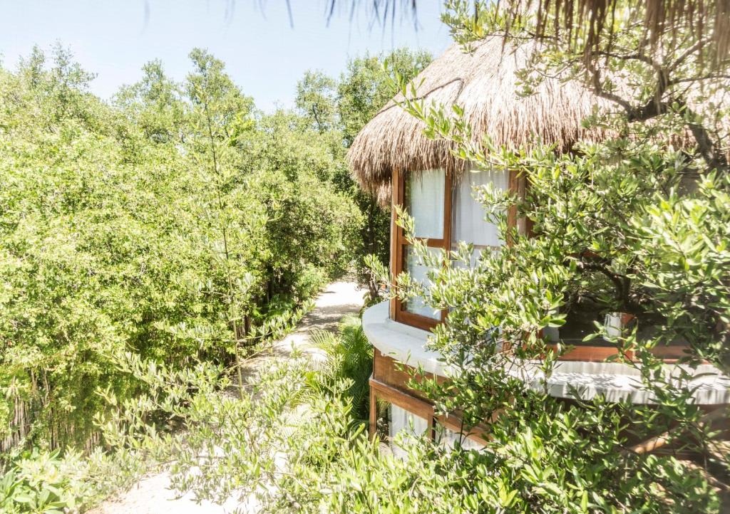 een huis in het bos met een rieten dak bij Mamasan Treehouses & Cabins in Tulum