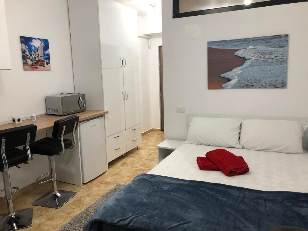 a bedroom with a bed and a desk and a microwave at Smaraldul Madalinei in Constanţa