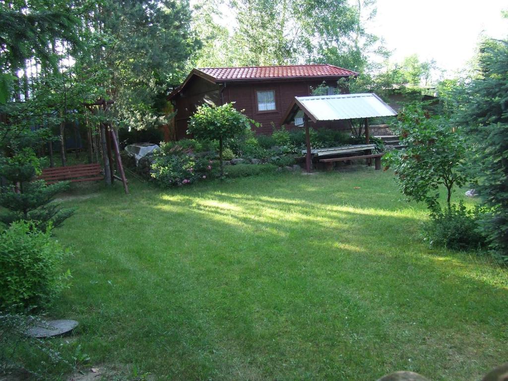 een tuin met een huis en een tuinhuisje bij Domek letniskowy in Dybowo